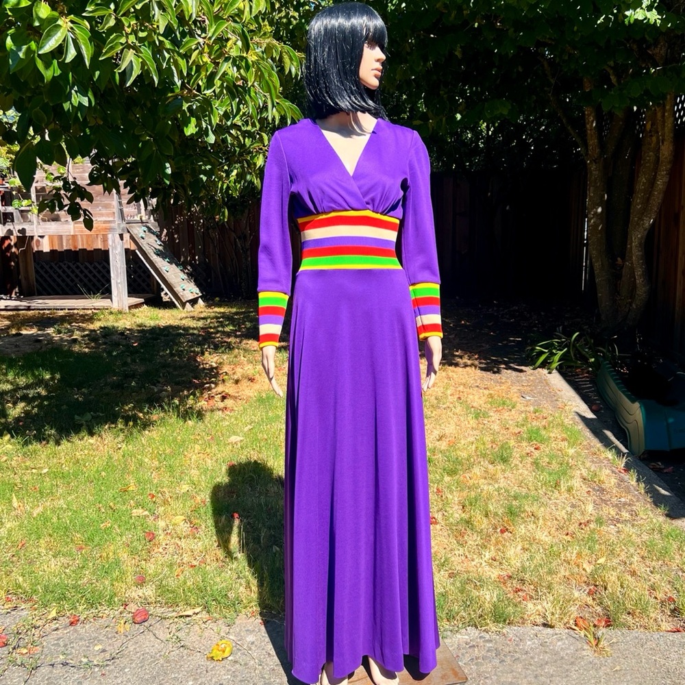 1970s Eve Le Coq Royal Purple Disco Glam Dress with Bold Rainbow Striped Detail